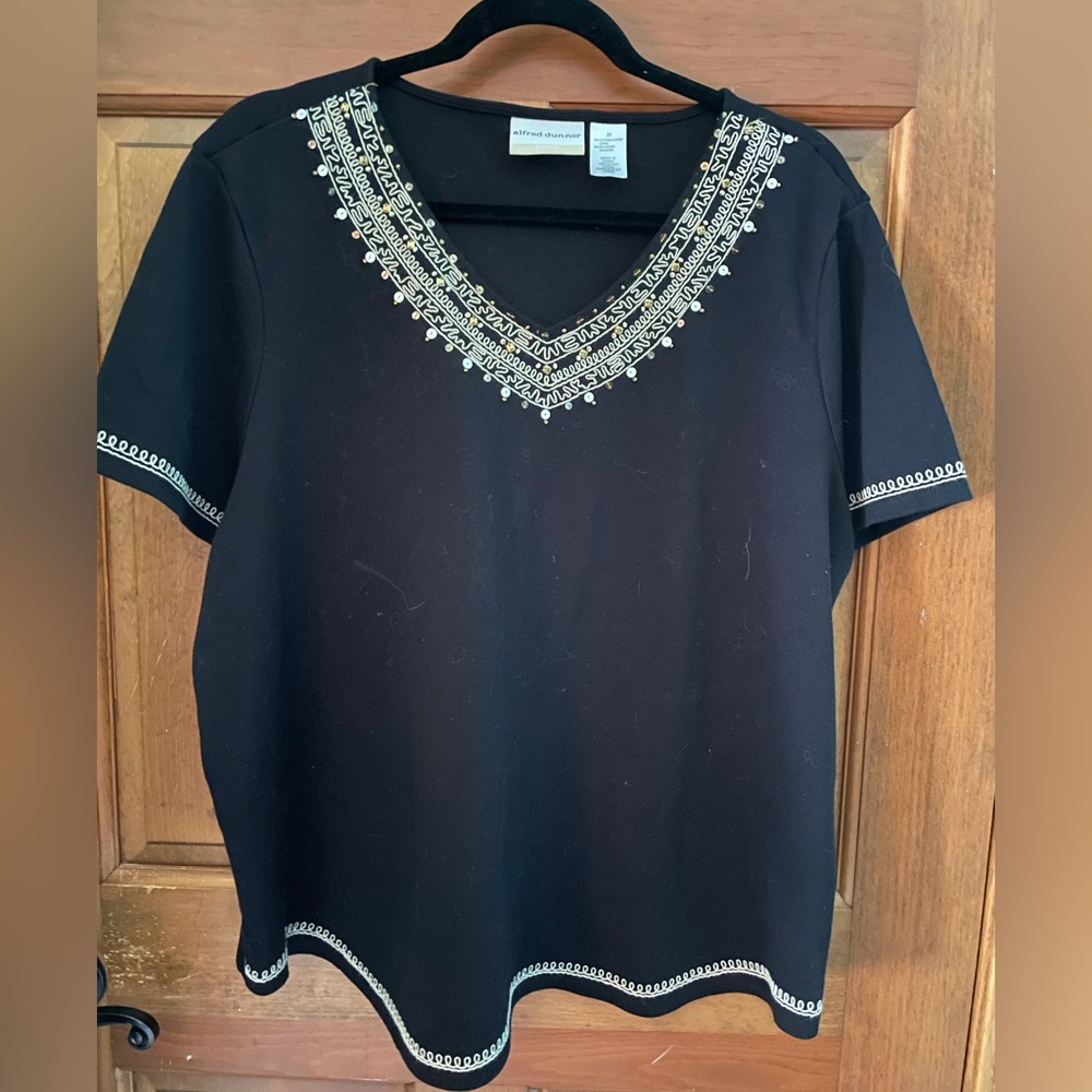 Alfred Dunner Black Short Sleeve V-Neck Top with Tan Embroidery and Silver Sequi